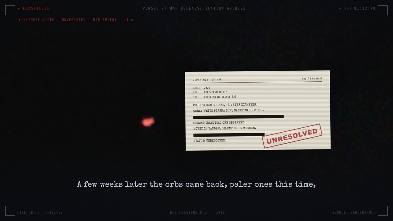 Rendered UAP archive frame: a red orb beside a redacted Department-of-War memo