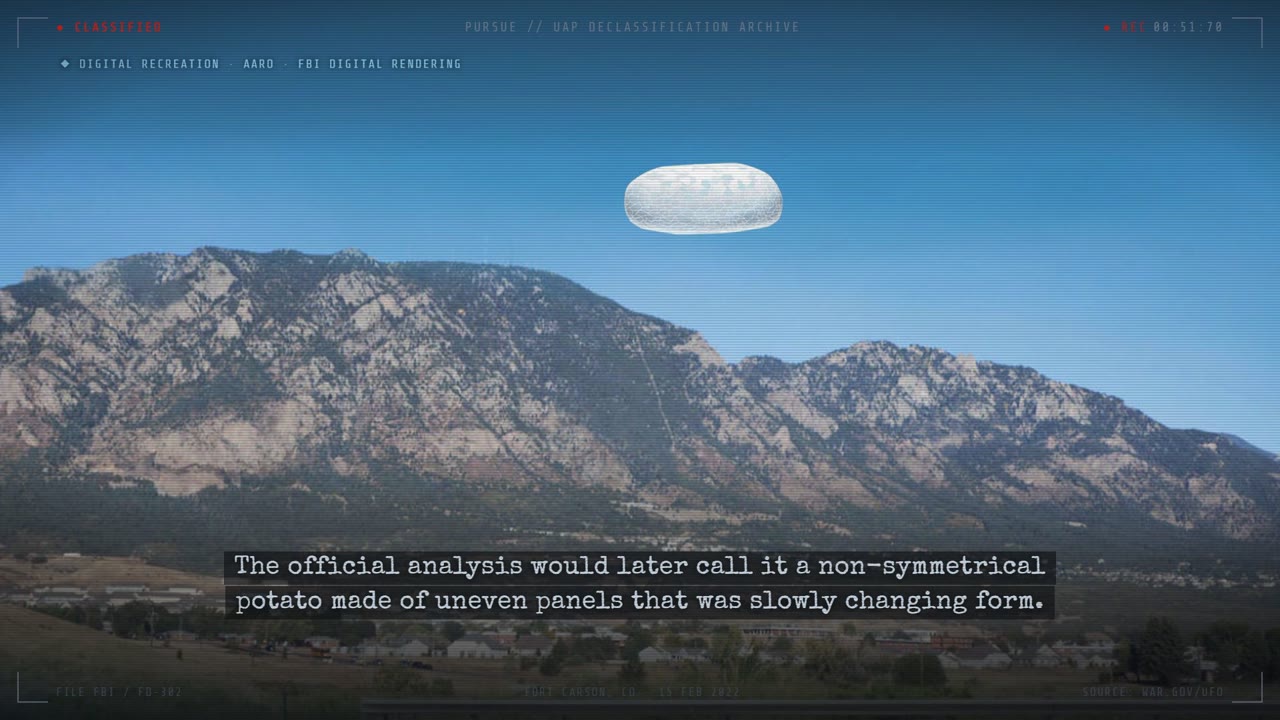 Daytime digital recreation of a metallic potato-shaped object over mountains