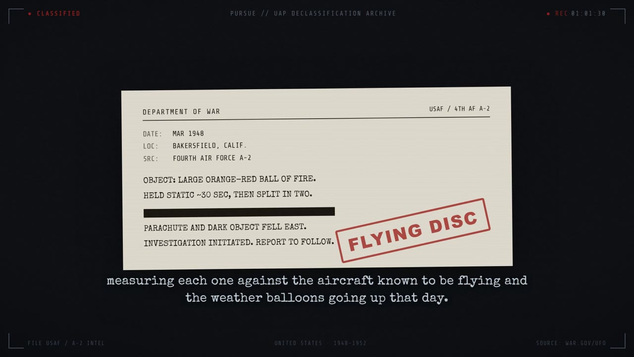 A 1948 Department-of-War memo with a redacted line and a red FLYING DISC stamp