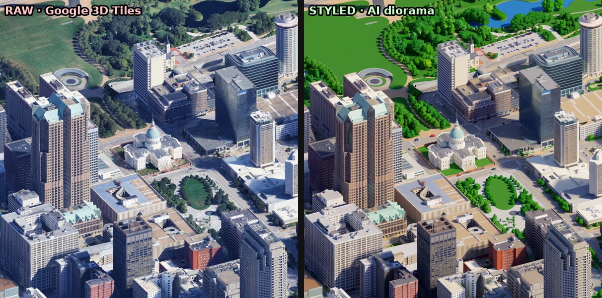 Raw Google capture next to the styled diorama version