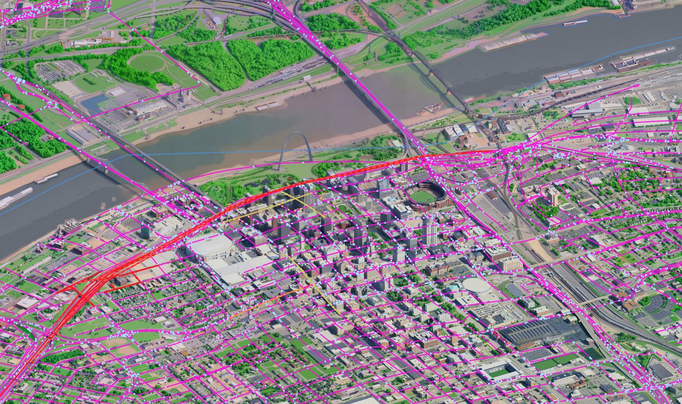 Every drawn road traced in magenta onto the diorama by the baked-in warp