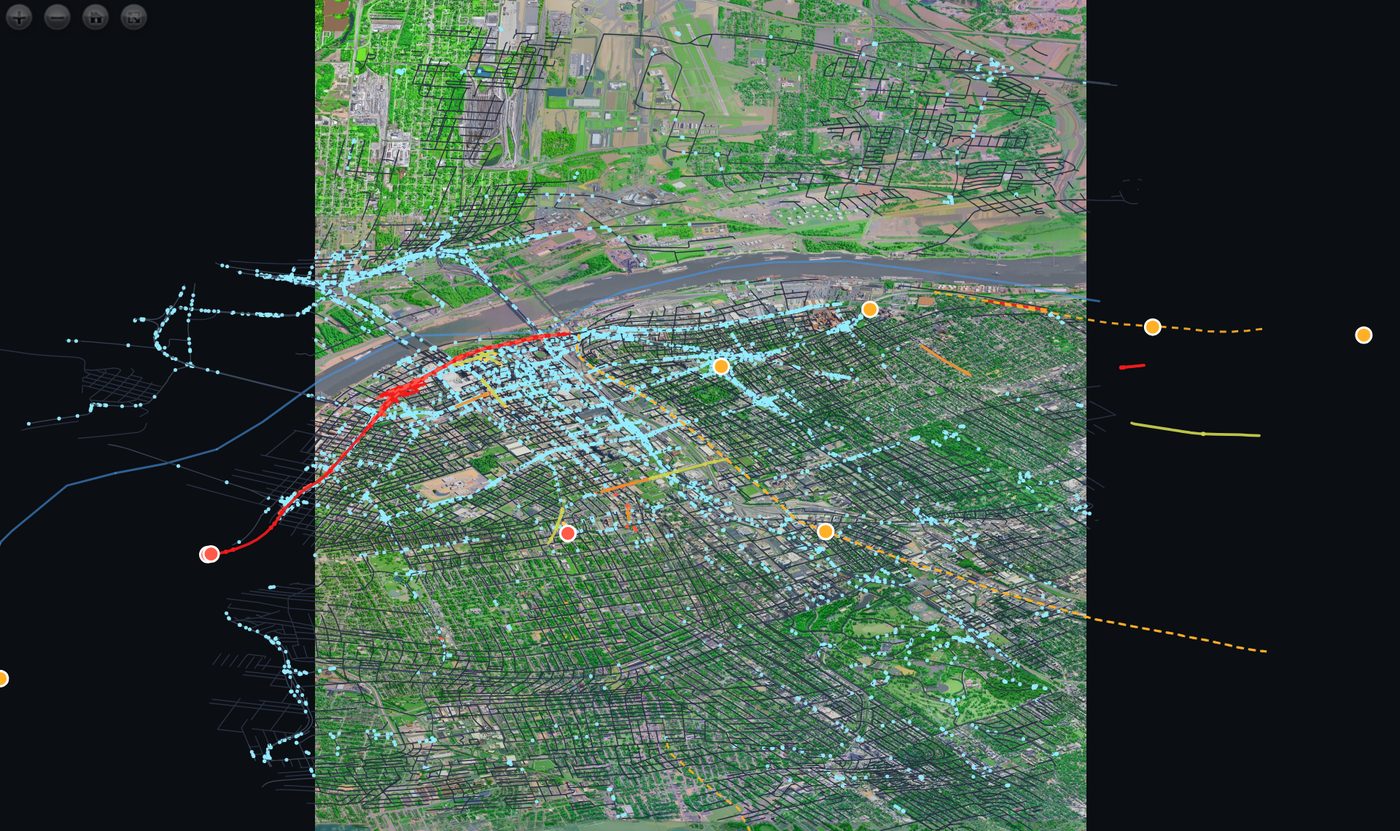The whole drawn footprint of the city with traffic painted across it