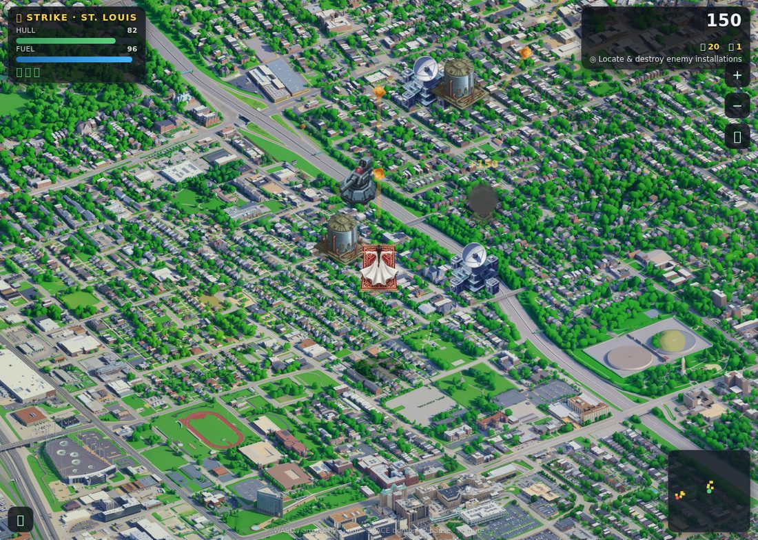The Carpet Queen flying over the isometric St. Louis diorama, with enemy installations and rising smoke