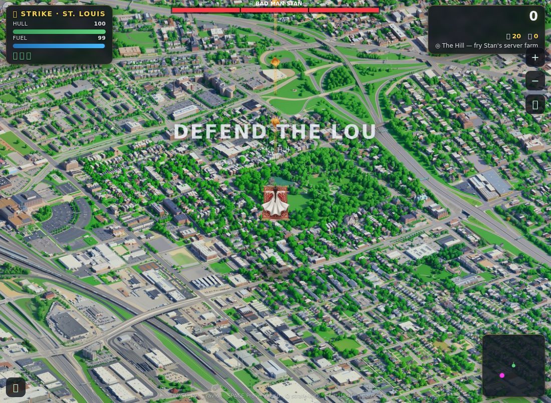 The Bad Man Stan boss fight, with a defend the lou banner and the boss health bar