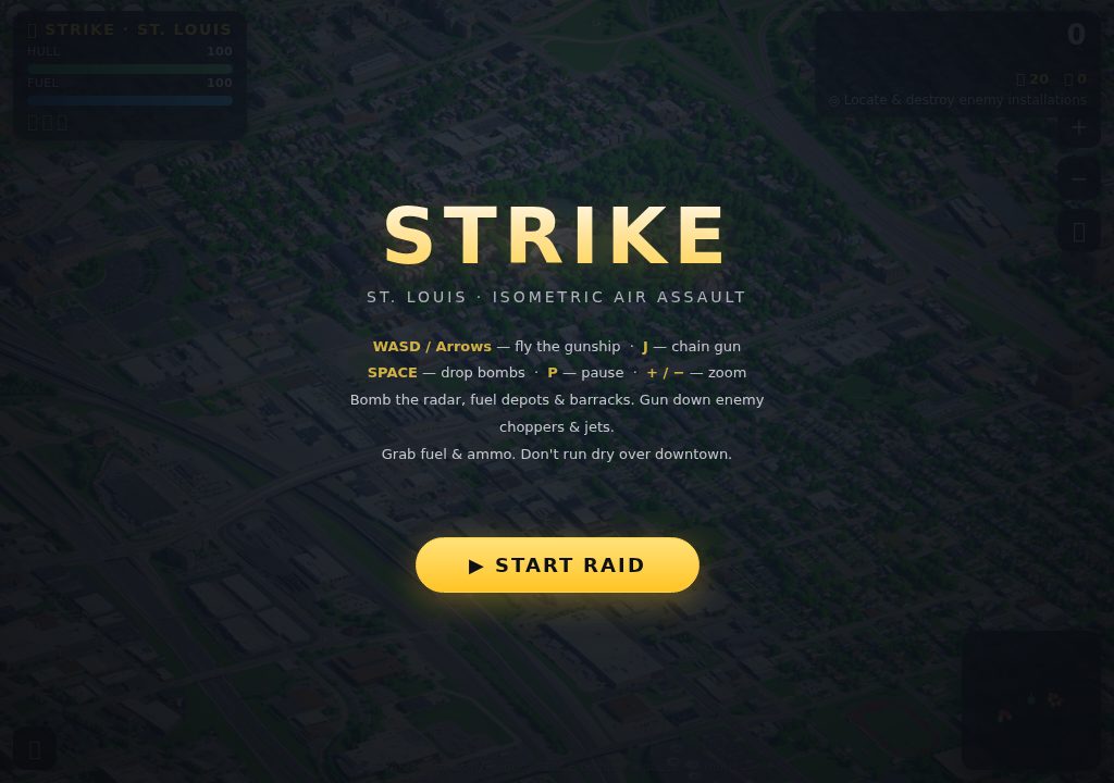 The STRIKE title screen reading isometric air assault, with controls and a start button