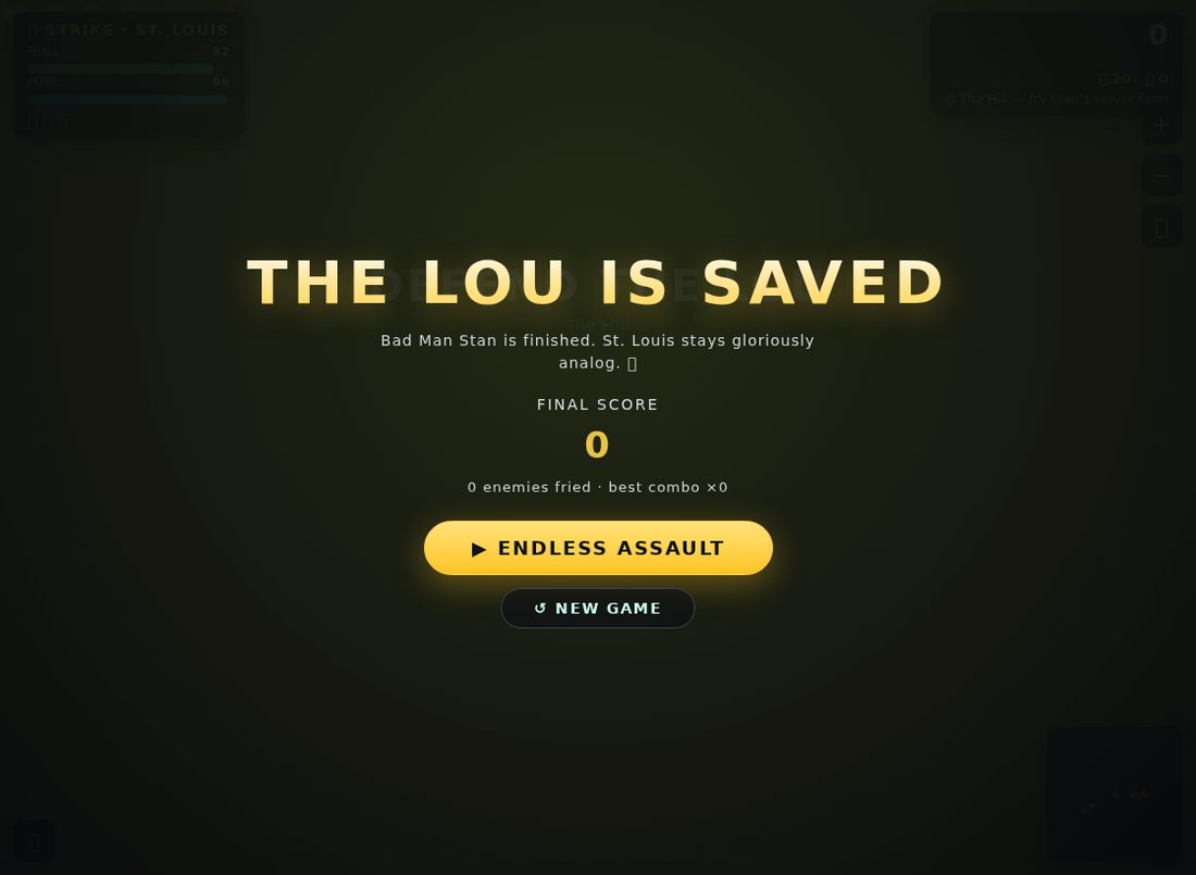 The victory screen reading THE LOU IS SAVED in gold