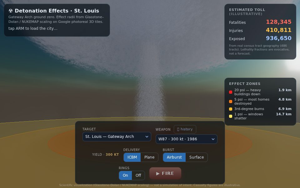 A mushroom cloud over St. Louis with the estimated-toll panel and effect-zone legend