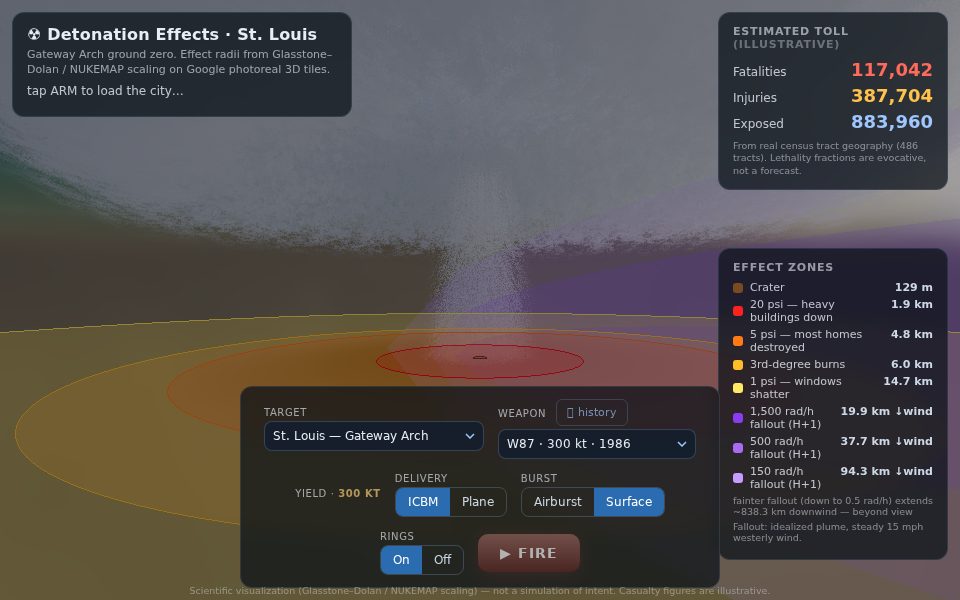 Concentric blast rings on the ground with the effect-zone and fallout legend