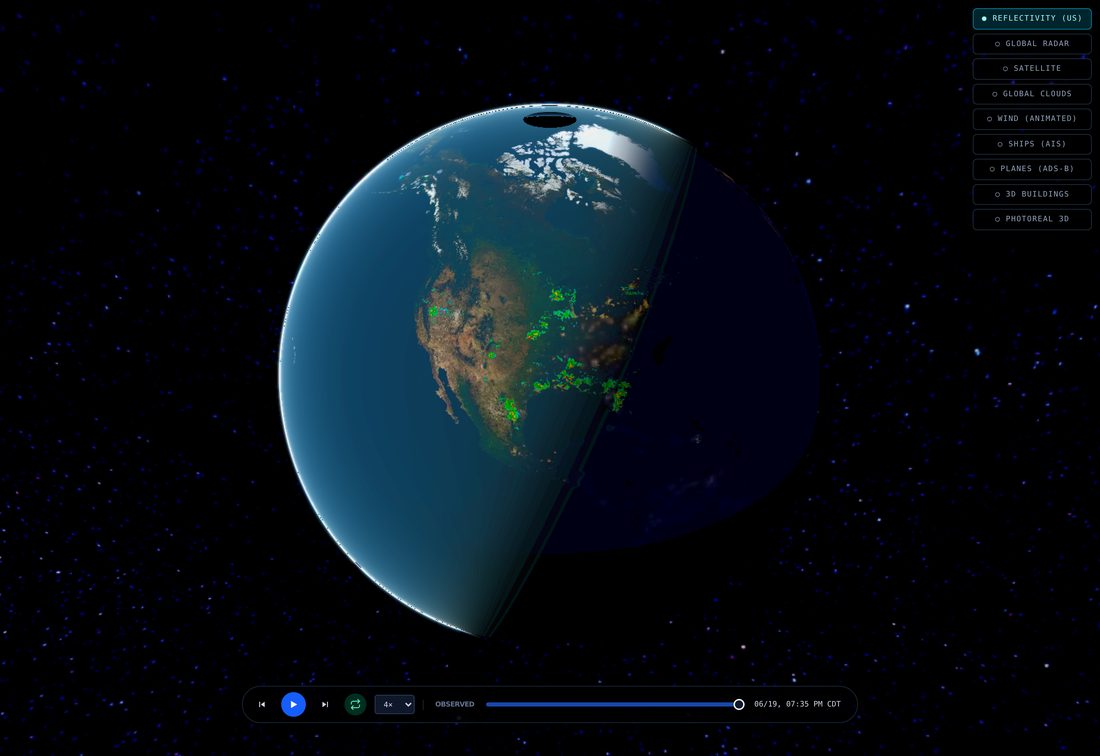 The 3D globe seen from space, North America under live radar with the day-night line crossing it
