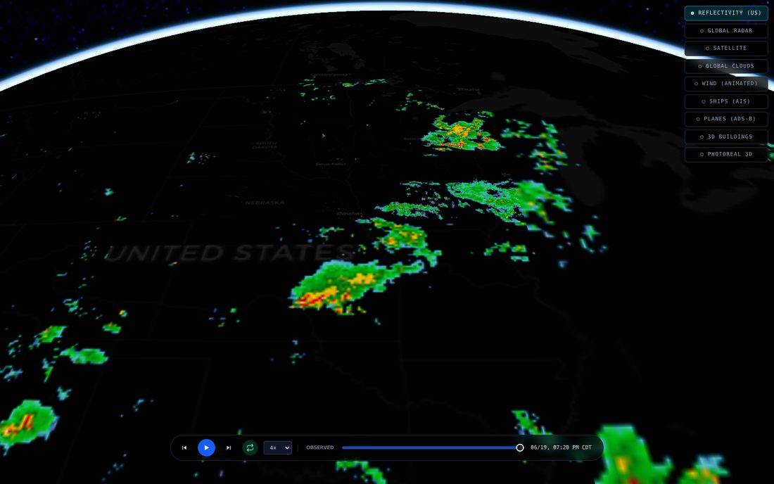 Live US radar reflectivity over the dark globe, storm cells in green, yellow and red