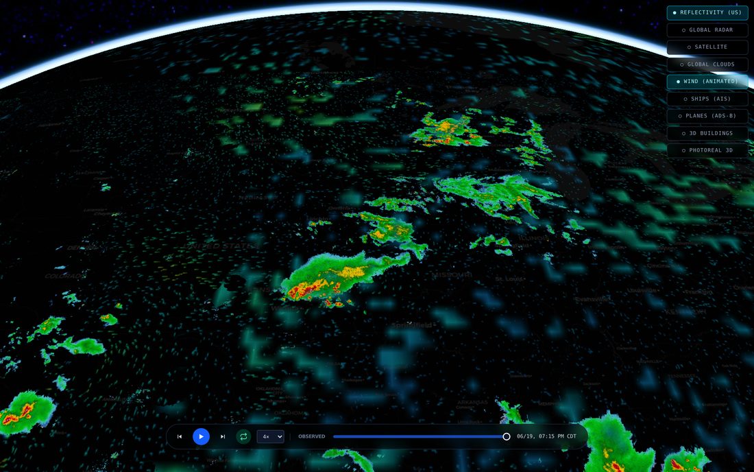 Glowing wind streamlines flowing across the globe over the radar
